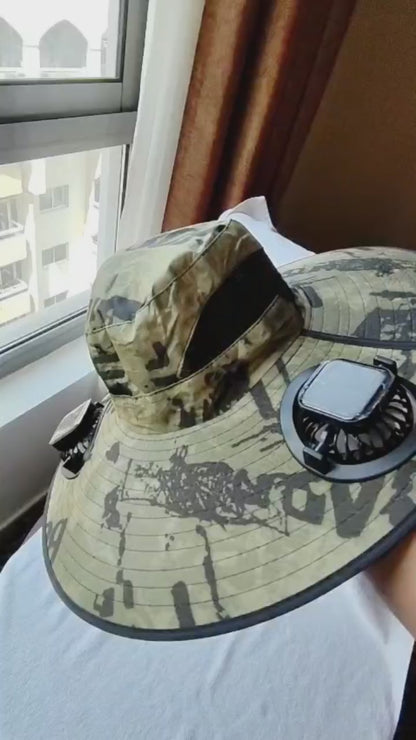 Dual Solar Powered Fan Sun Hat with Strong Wide Brim